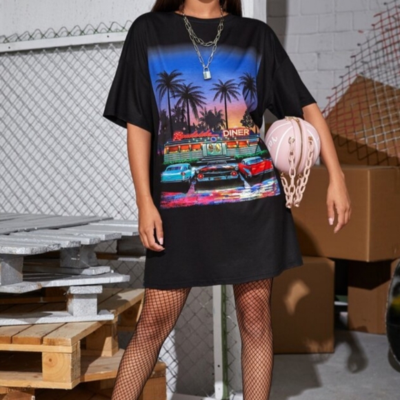 SHEIN Black Graphic Diner T-Shirt Dress - Picture 1 of 6